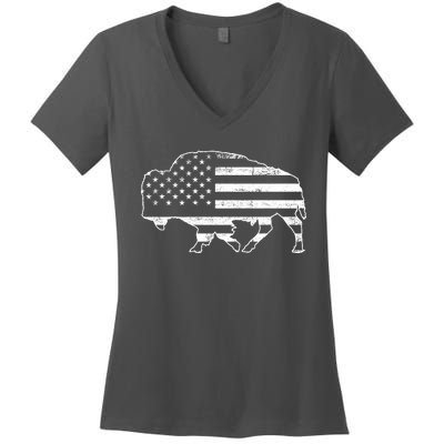 American Bison Gray Style Vintage Flag Women's V-Neck T-Shirt