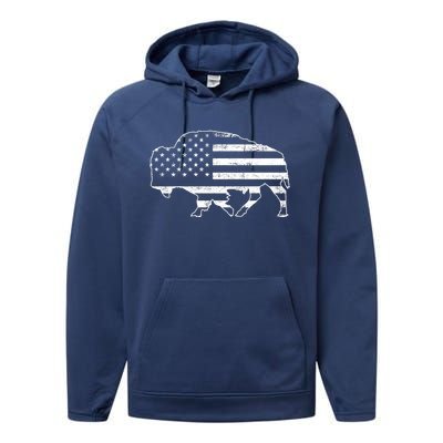 American Bison Gray Style Vintage Flag Performance Fleece Hoodie