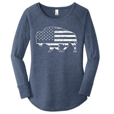 American Bison Gray Style Vintage Flag Women's Perfect Tri Tunic Long Sleeve Shirt