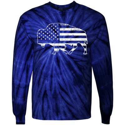 American Bison Gray Style Vintage Flag Tie-Dye Long Sleeve Shirt