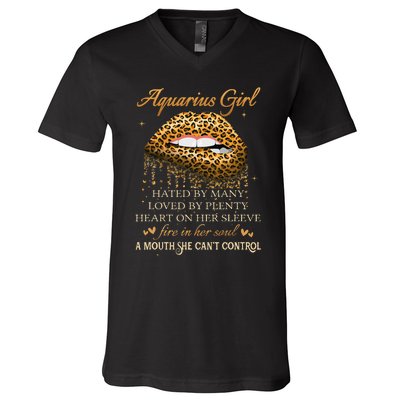 Aquarius Birthday Gifts Funny Leopard Sexy Lip V-Neck T-Shirt