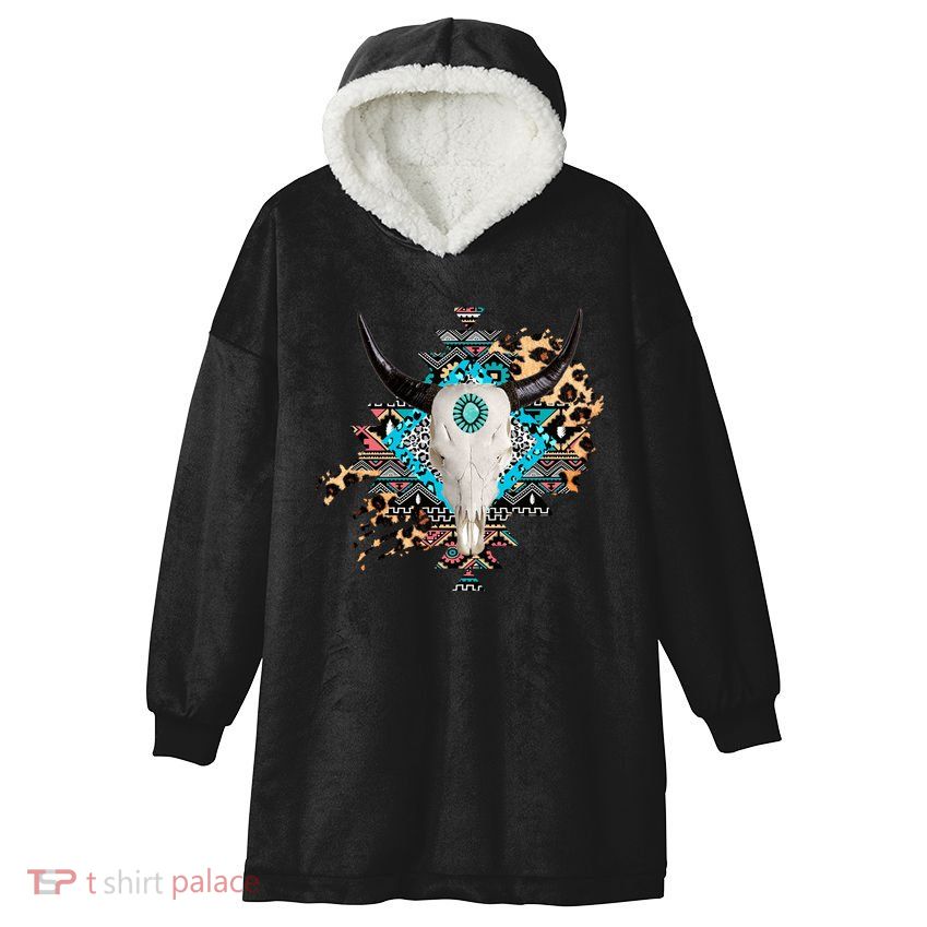 Aztec Bull Horns Pattern Design Hooded Wearable Blanket