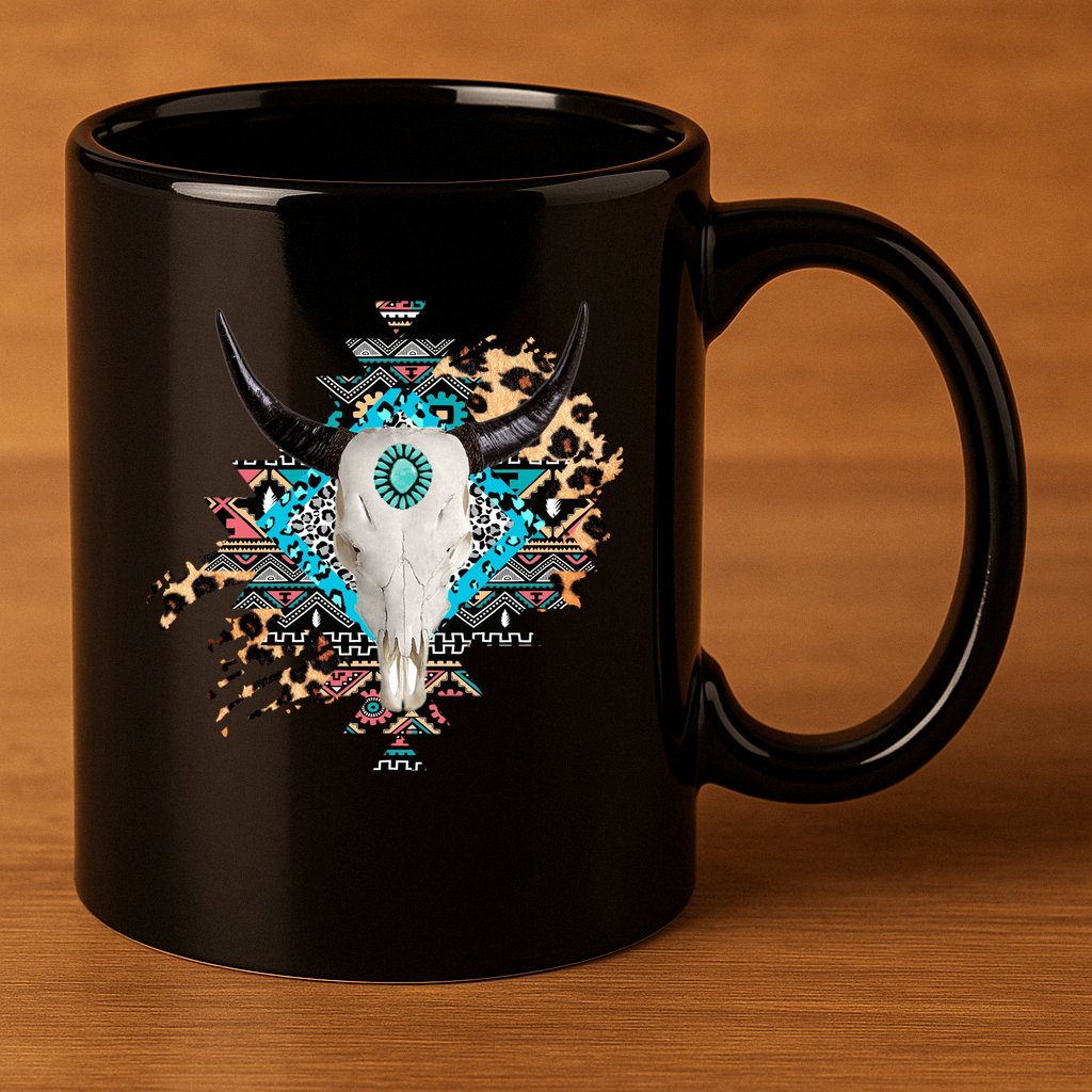 Aztec Bull Horns Pattern Design 11oz C Handle Ceramic Mug
