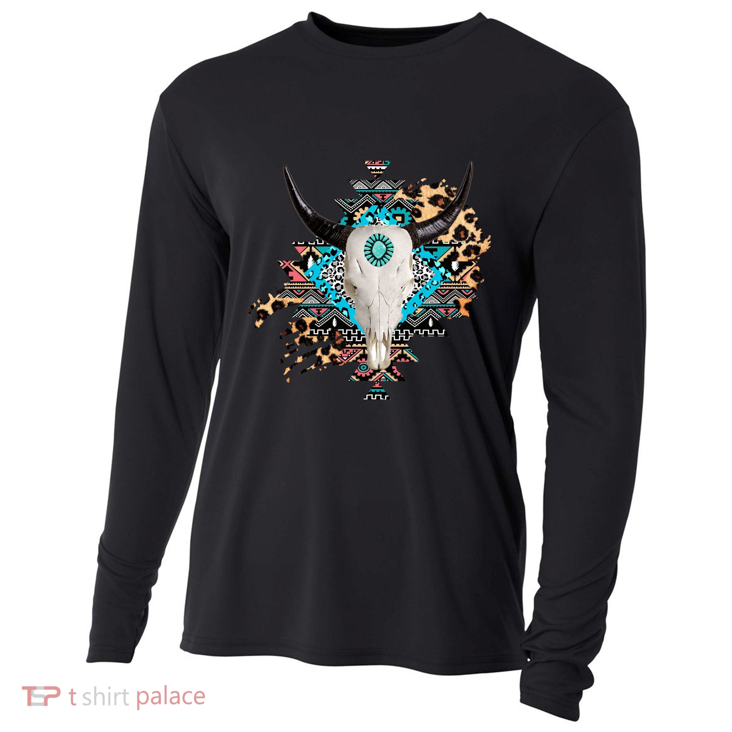 Aztec Bull Horns Pattern Design Cooling Performance Long Sleeve Crew