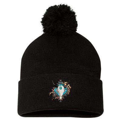 Aztec Bull Horns Pattern Design Pom Pom 12in Knit Beanie