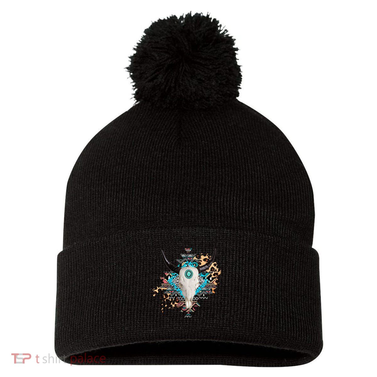 Aztec Bull Horns Pattern Design Pom Pom 12in Knit Beanie