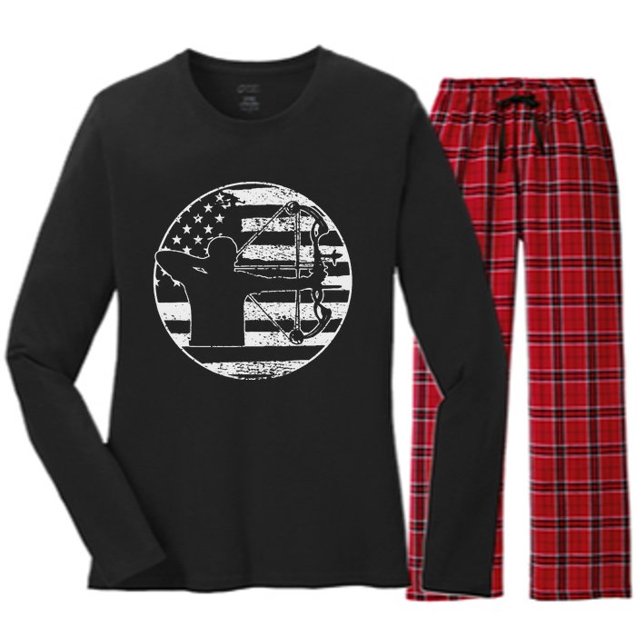 Archery Bow Hunting USA American Flag 4th Of July Gift Women's Long Sleeve Flannel Pajama Set 