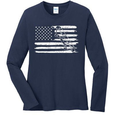 Archery Bow Hunting USA Flag 4th Of July Vintage Ladies Long Sleeve Shirt