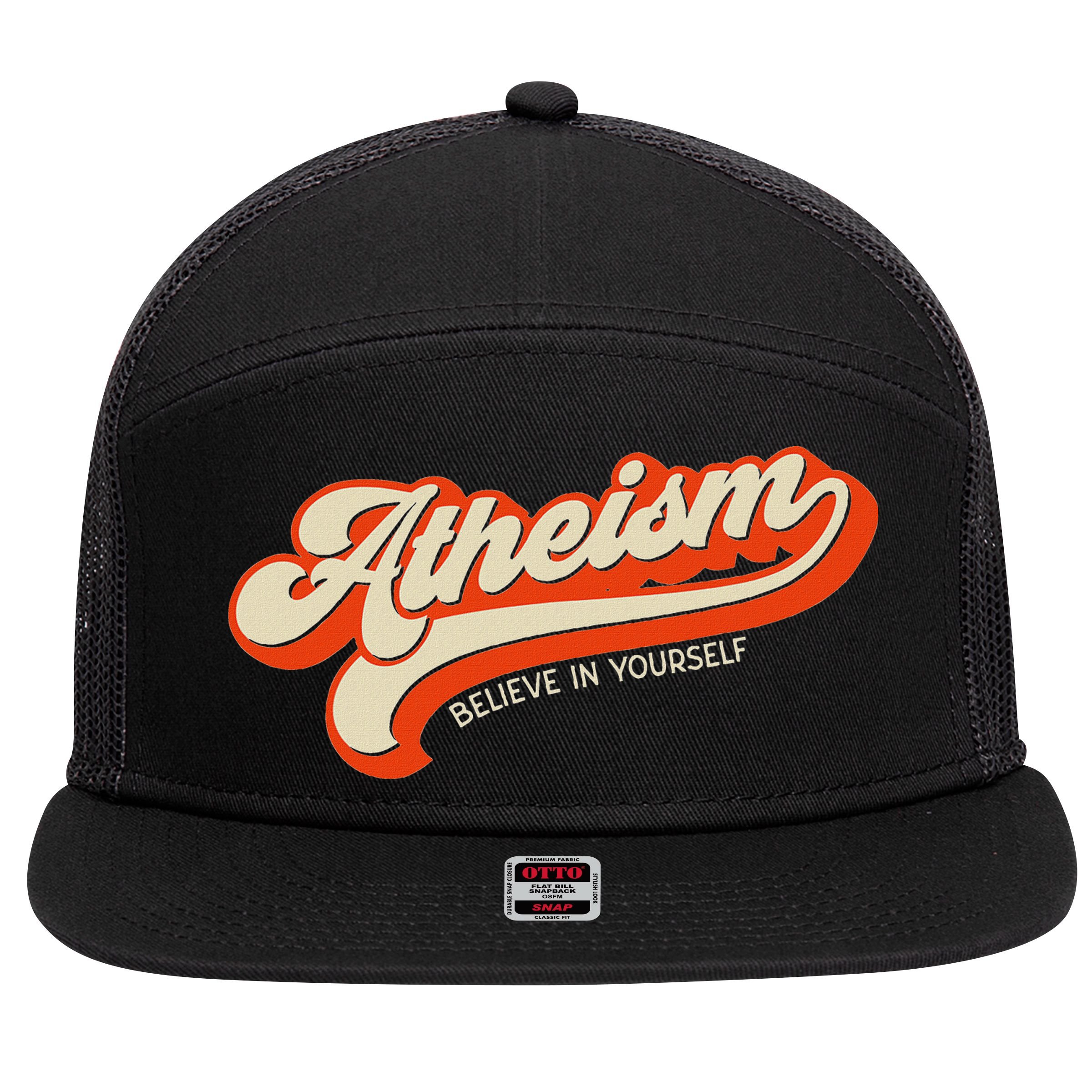 Atheism Believe In Yourself Retro Vintage Distressed Atheist 7 Panel Mesh Trucker Snapback Hat