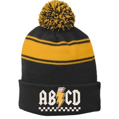 Abcd Back In Class First Day Back To School Teacher Student Stripe Pom Pom Beanie