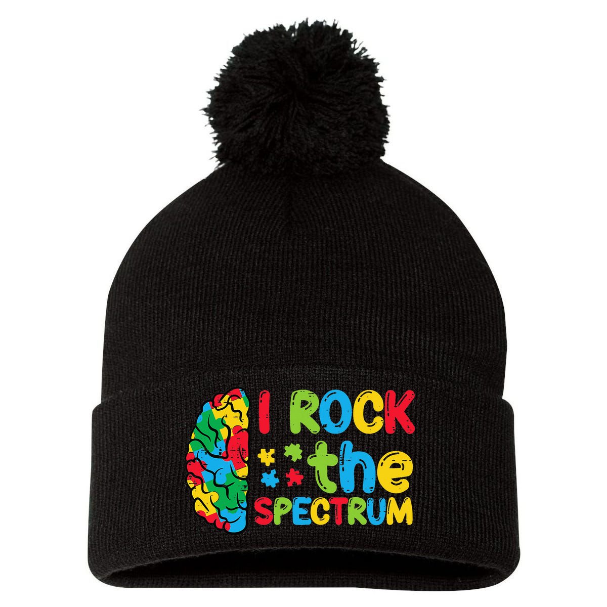 Autism Brain I Rock The Spectrum Awareness Pom Pom 12in Knit Beanie