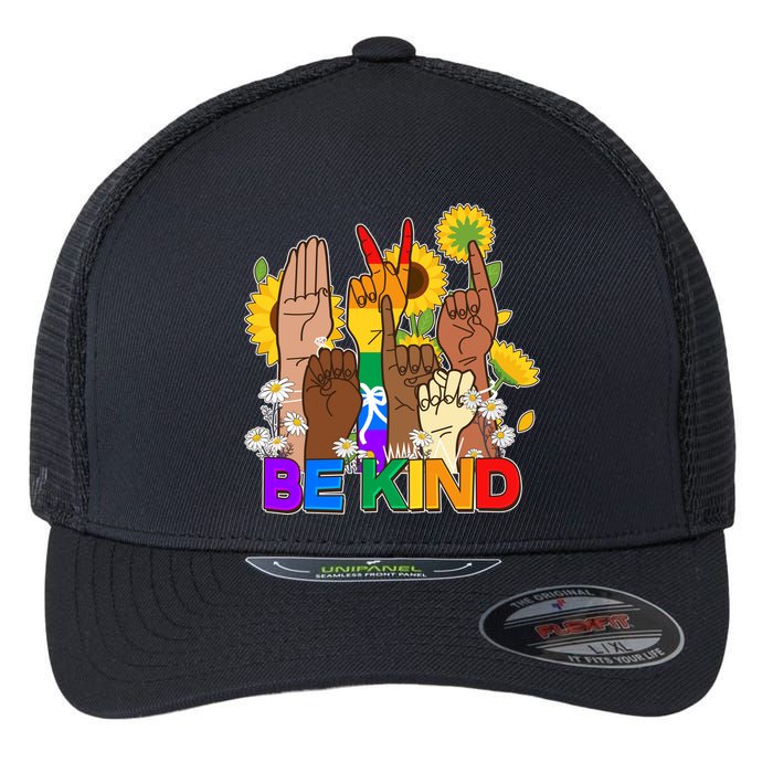 ASL Be Kind Sign Language Flexfit Unipanel Trucker Cap
