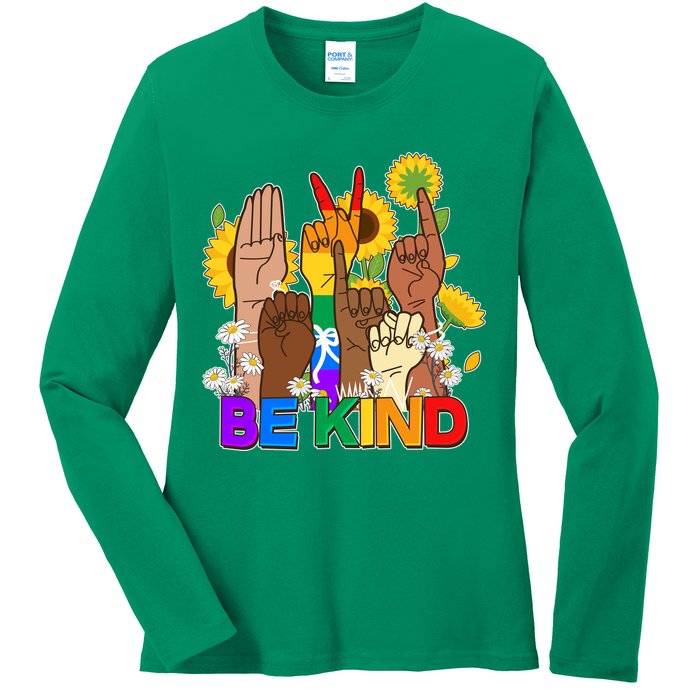 ASL Be Kind Sign Language Ladies Long Sleeve Shirt
