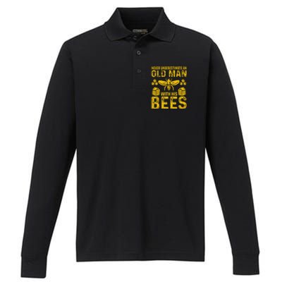 Apiary Bee Keeper An Old Man With His Bees Beekeeping Performance Long Sleeve Polo