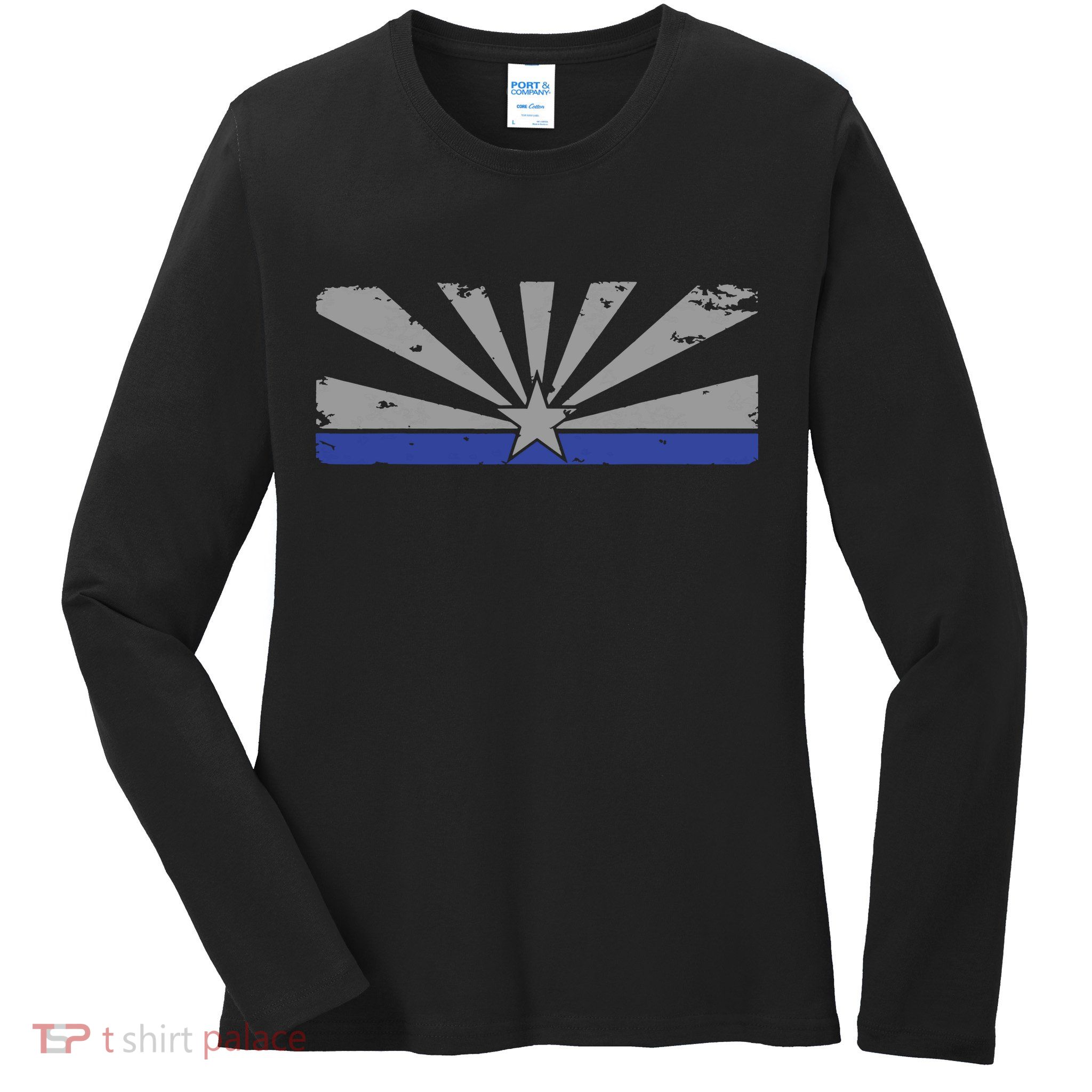 Az Blue Line American Retro Arizona State Flag Distressed Ladies Long Sleeve Shirt