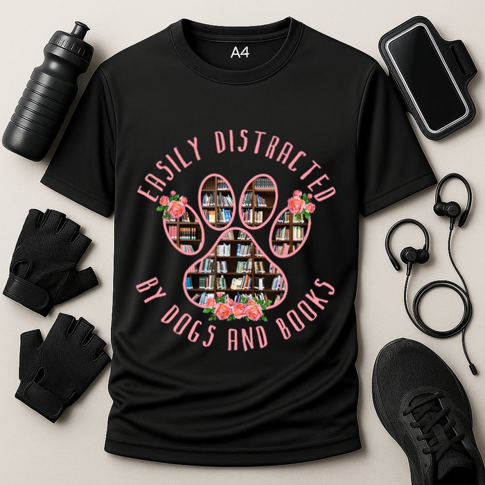 Animal Book Lover Gift Funny Easily Distracted By Dogs And Books Cooling Performance Crew T-Shirt