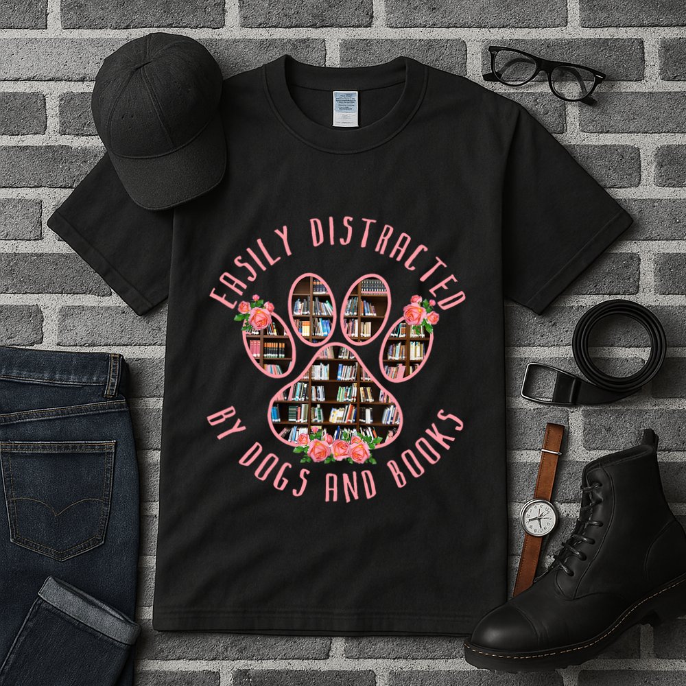 Animal Book Lover Gift Funny Easily Distracted By Dogs And Books Tall T-Shirt