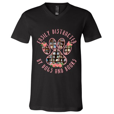 Animal Book Lover Gift Funny Easily Distracted By Dogs And Books V-Neck T-Shirt