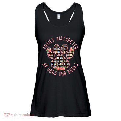Animal Book Lover Gift Funny Easily Distracted By Dogs And Books Ladies Essential Flowy Tank
