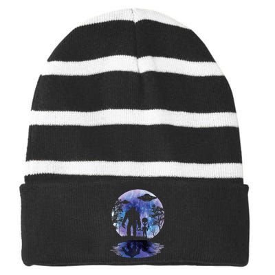 Alien Bigfoot Moon Sasquatch Ufo Extraterrestrial Striped Beanie with Solid Band