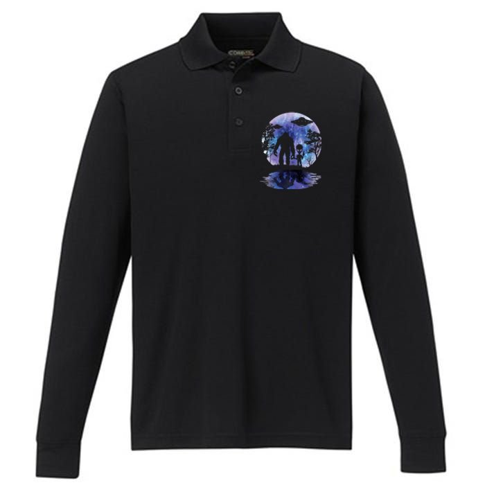 Alien Bigfoot Moon Sasquatch Ufo Extraterrestrial Performance Long Sleeve Polo