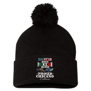 American Born Mexican Blood Proud Chicano Culture Lowriders Pom Pom 12in Knit Beanie