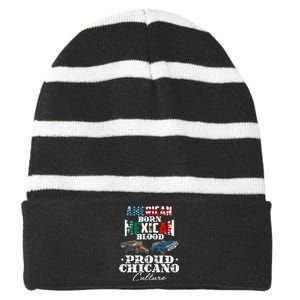 American Born Mexican Blood Proud Chicano Culture Lowriders Striped Beanie with Solid Band