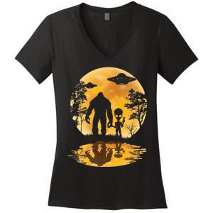 Alien Bigfoot Moon Sasquatch Ufo Extraterrestrial Women's V-Neck T-Shirt