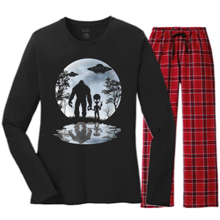 Alien Bigfoot Moon Sasquatch UFO Extraterrestrial Men Women Women's Long Sleeve Flannel Pajama Set 