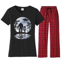 Alien Bigfoot Moon Sasquatch UFO Extraterrestrial Men Women Women's Flannel Pajama Set