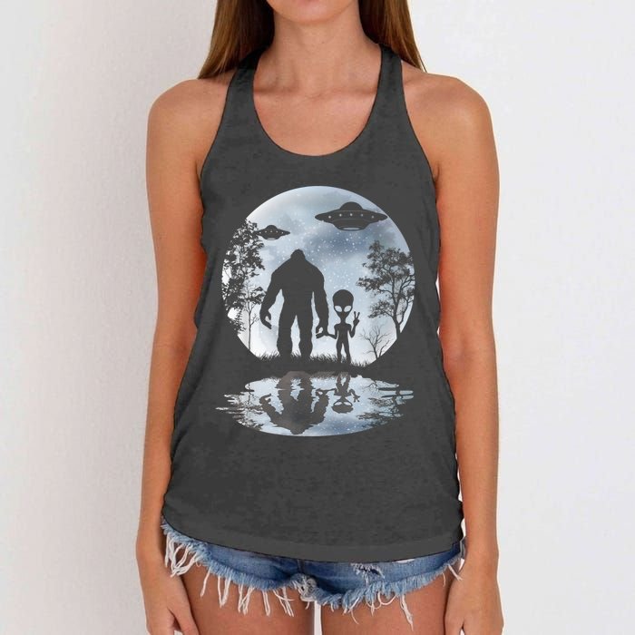 Alien Bigfoot Moon Sasquatch UFO Extraterrestrial Men Women Women's Knotted Racerback Tank