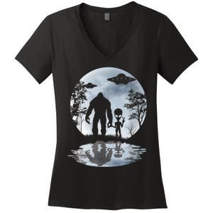 Alien Bigfoot Moon Sasquatch UFO Extraterrestrial Men Women Women's V-Neck T-Shirt