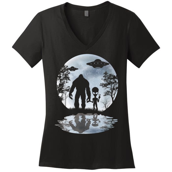 Alien Bigfoot Moon Sasquatch UFO Extraterrestrial Men Women Women's V-Neck T-Shirt