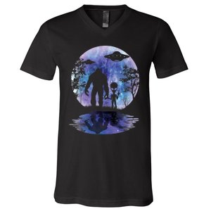 Alien Bigfoot Moon Sasquatch UFO Extraterrestrial Men Women V-Neck T-Shirt