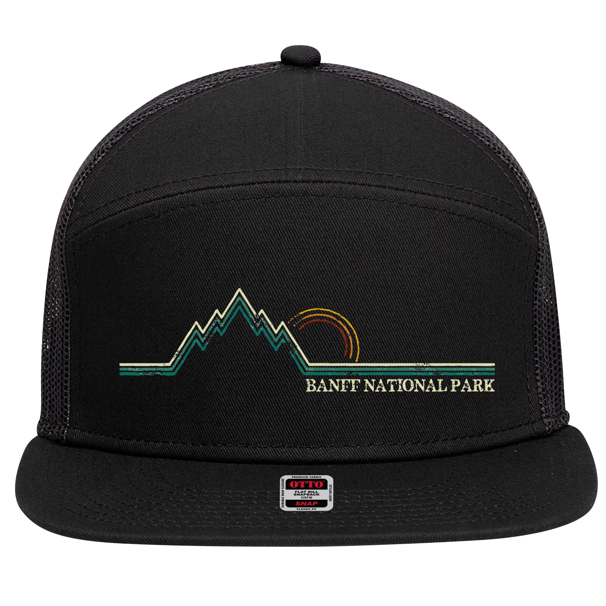 Alberta Banff National Park Canada Adventure 7 Panel Mesh Trucker Snapback Hat