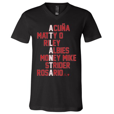 Atlanta Baseball Names Acuna Matty O Riley Albies Money Mike Strider Rosario Shi V-Neck T-Shirt