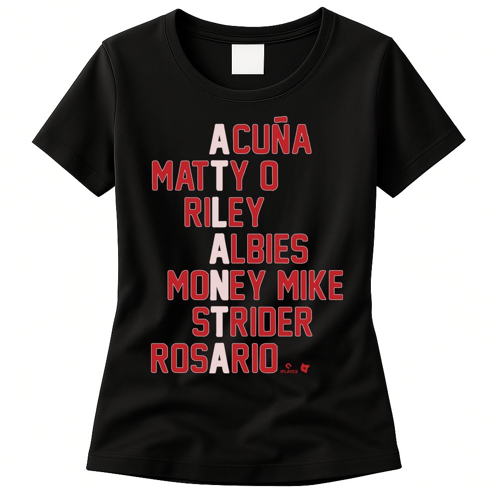 Atlanta Baseball Names Acuna Matty O Riley Albies Money Mike Strider Rosario Shi Womens T-Shirt