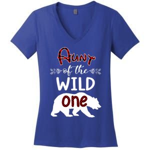 Aunt Bear Of The Wild One Plaid Birthday Funny Gift Women's V-Neck T-Shirt