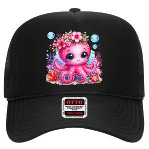 Adorable Baby Octopus Underwater Flower Coral Fish Ocean Sea High Crown Mesh Back Trucker Hat