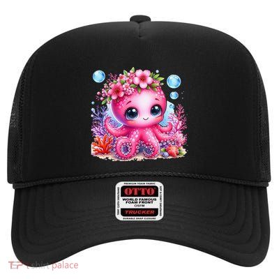 Adorable Baby Octopus Underwater Flower Coral Fish Ocean Sea High Crown Mesh Back Trucker Hat