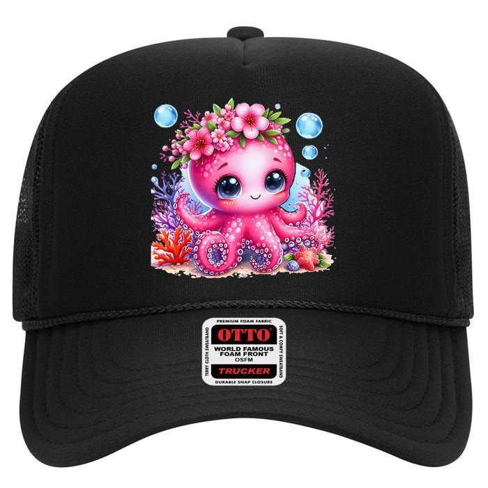 Adorable Baby Octopus Underwater Flower Coral Fish Ocean Sea High Crown Mesh Back Trucker Hat