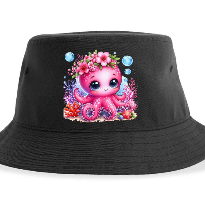 Adorable Baby Octopus Underwater Flower Coral Fish Ocean Sea Sustainable Bucket Hat