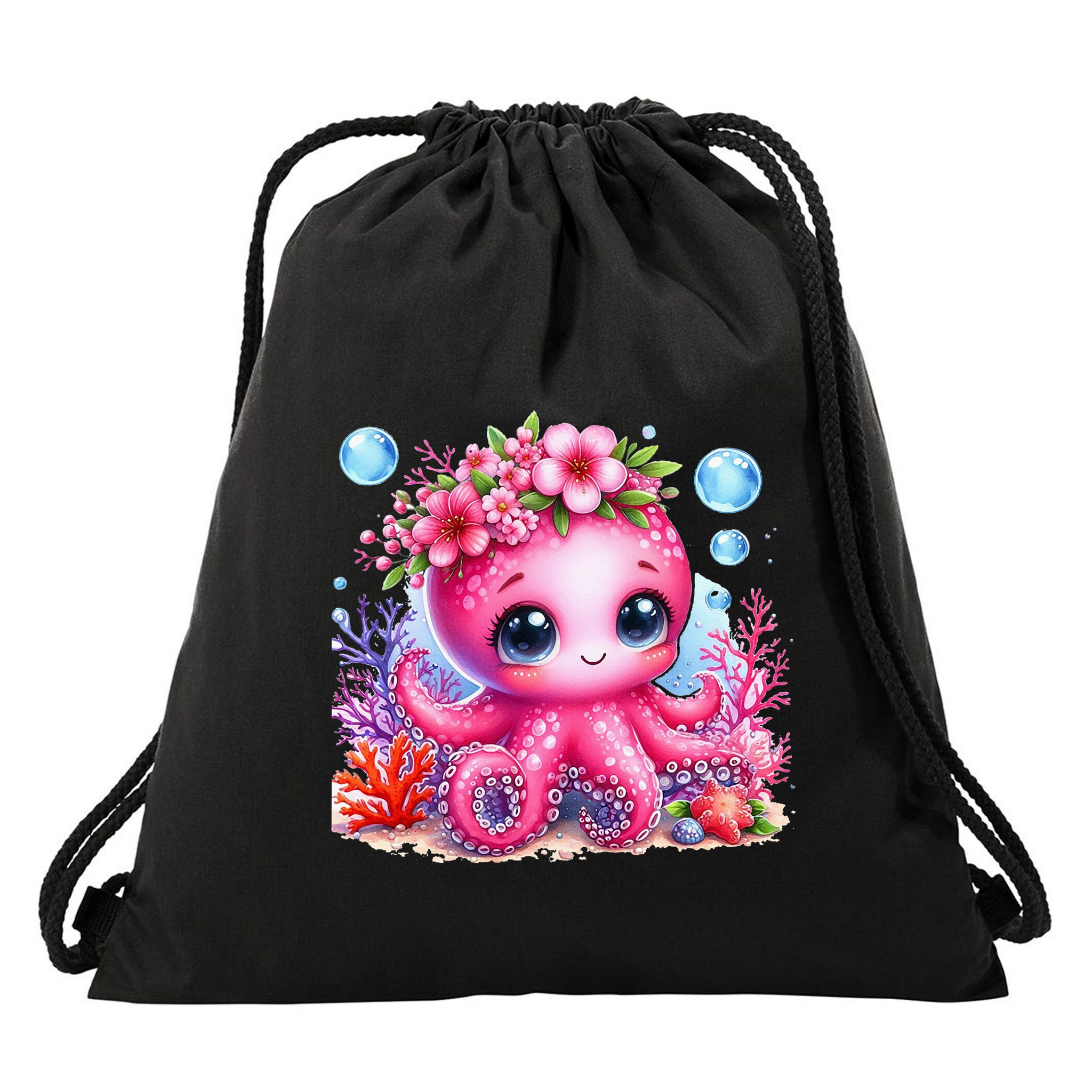 Adorable Baby Octopus Underwater Flower Coral Fish Ocean Sea Drawstring Bag
