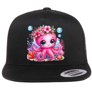 Adorable Baby Octopus Underwater Flower Coral Fish Ocean Sea Flat Bill Trucker Hat