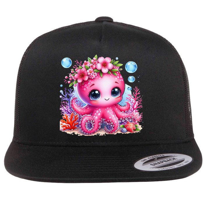 Adorable Baby Octopus Underwater Flower Coral Fish Ocean Sea Flat Bill Trucker Hat