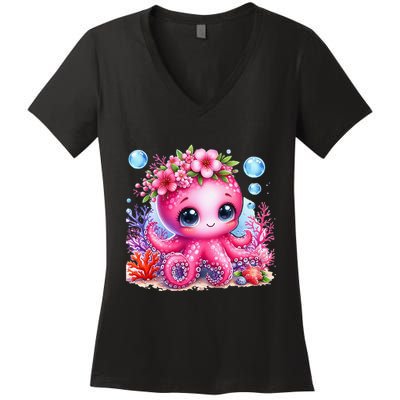 Adorable Baby Octopus Underwater Flower Coral Fish Ocean Sea Women's V-Neck T-Shirt