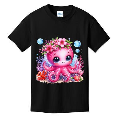 Adorable Baby Octopus Underwater Flower Coral Fish Ocean Sea Kids T-Shirt