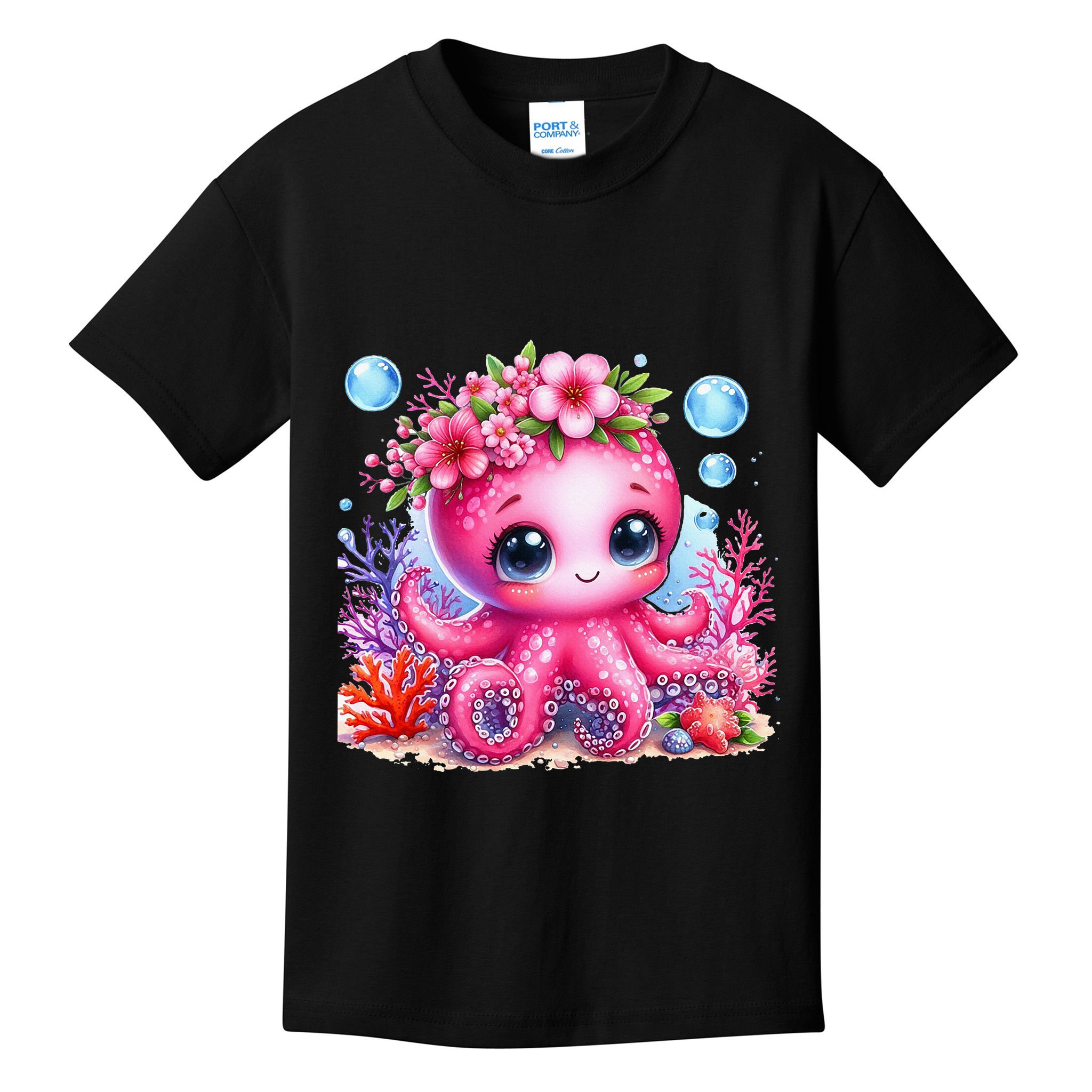 Adorable Baby Octopus Underwater Flower Coral Fish Ocean Sea Kids T-Shirt