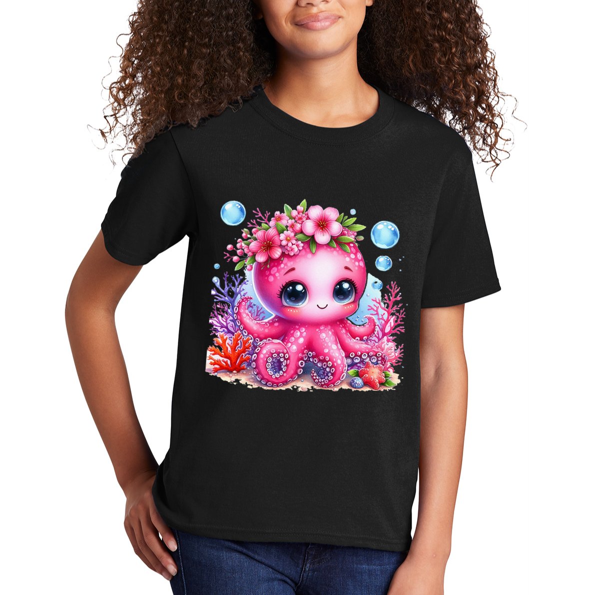 Adorable Baby Octopus Underwater Flower Coral Fish Ocean Sea Kids T-Shirt