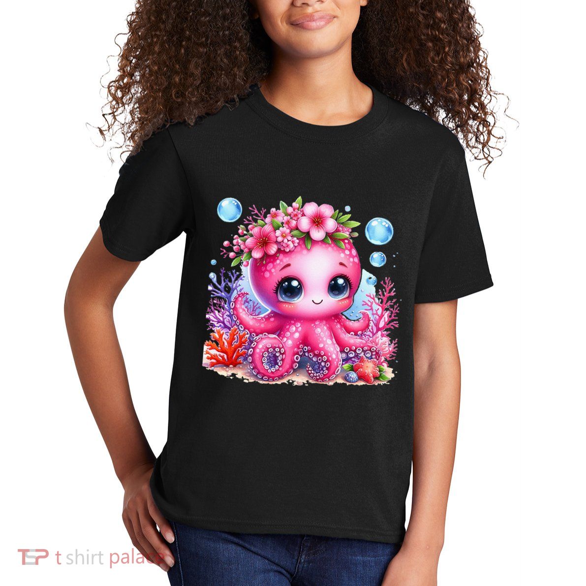 Adorable Baby Octopus Underwater Flower Coral Fish Ocean Sea Kids T-Shirt
